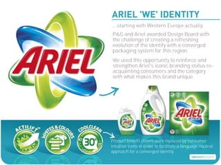 P&G and Ariel awarded Design Board with
the challenge of creating a refreshing
evolution of the identity with a converged
packaging system for this region.
We used this opportunity to reinforce and
strengthen Ariel's iconic branding status re-
acquainting consumers and the category
with what makes this brand unique.




Product benefit claims were replaced by consumer
intuitive icons in order to facilitate a language neutral
approach for a converged identity.
 