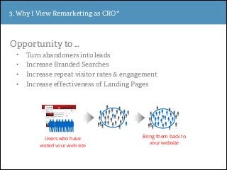 X
-
Users who have  
visited your web site
Bring them back to
your website
Opportunity to …
• Turn abandoners into leads
•...