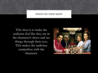 POINT OF VIEW SHOT




   This shot is to make the
audience feel like they are in
the character’s shoes and see
  things through their eyes.
  This makes the audience
     sympathise with the
          character.
 