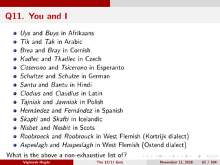 Q11. You and I
Uys and Buys in Afrikaans
Tik and Tak in Arabic
Brea and Bray in Cornish
Kadlec and Tkadlec in Czech
Citserono and Tsicerono in Esperanto
Schultze and Schulze in German
Santu and Bantu in Hindi
Clodius and Claudius in Latin
Tajniak and Jawniak in Polish
Hern´andez and Fern´andez in Spanish
Skapti and Skafti in Icelandic
Nisbet and Nesbit in Scots
Roobroeck and Roobrouck in West Flemish (Kortrijk dialect)
Aspeslagh and Haspeslagh in West Flemish (Ostend dialect)
What is the above a non-exhaustive list of?
Vighnesh Hegde The 12/11 Quiz November 12, 2018 61 / 104
 