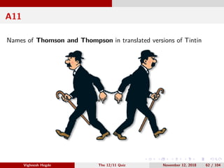 A11
Names of Thomson and Thompson in translated versions of Tintin
Vighnesh Hegde The 12/11 Quiz November 12, 2018 62 / 104
 