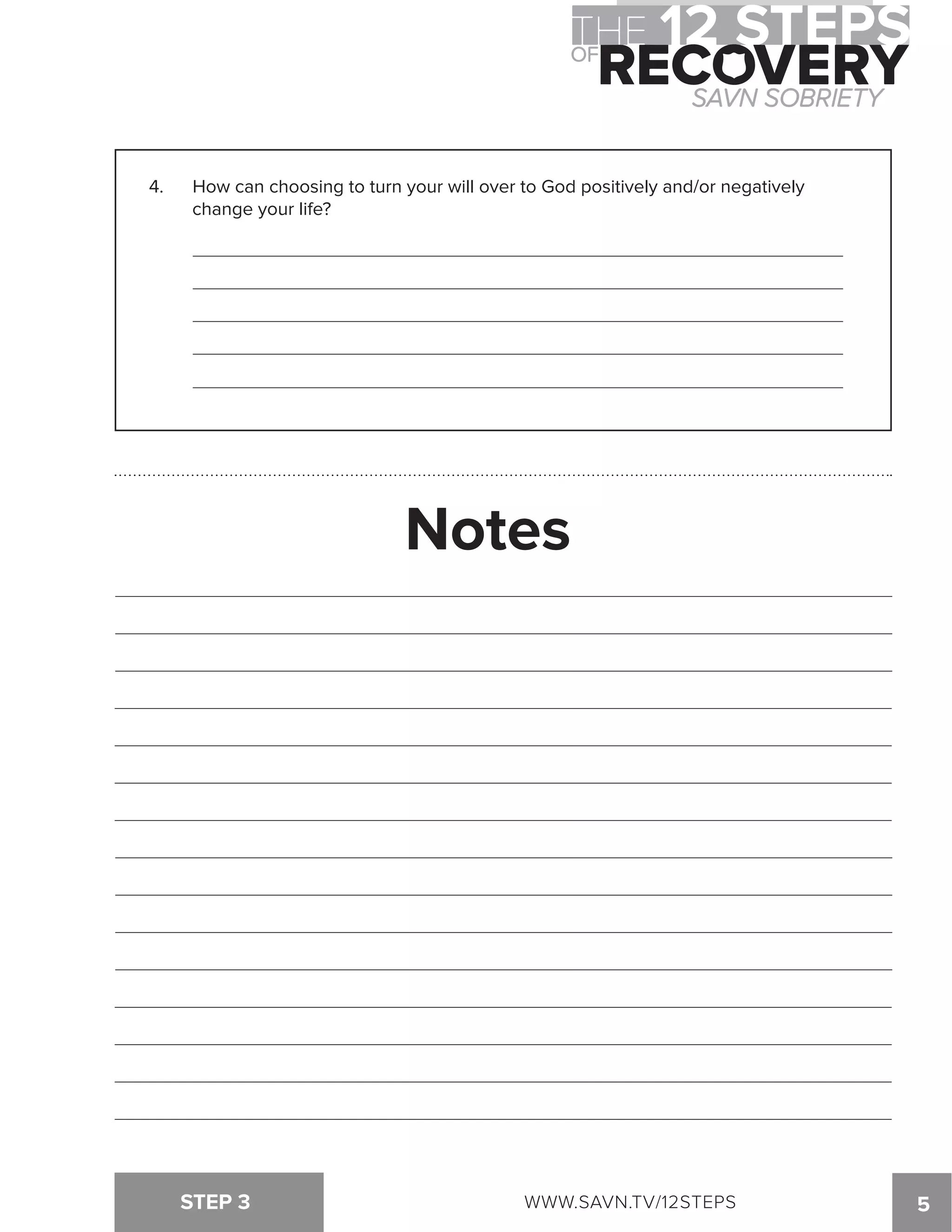 4. How can choosing to turn your will over to God positively and/or negatively 
change your life? 
Notes 
STEP 3 WWW.SAVN.TV/12STEPS 5 
 