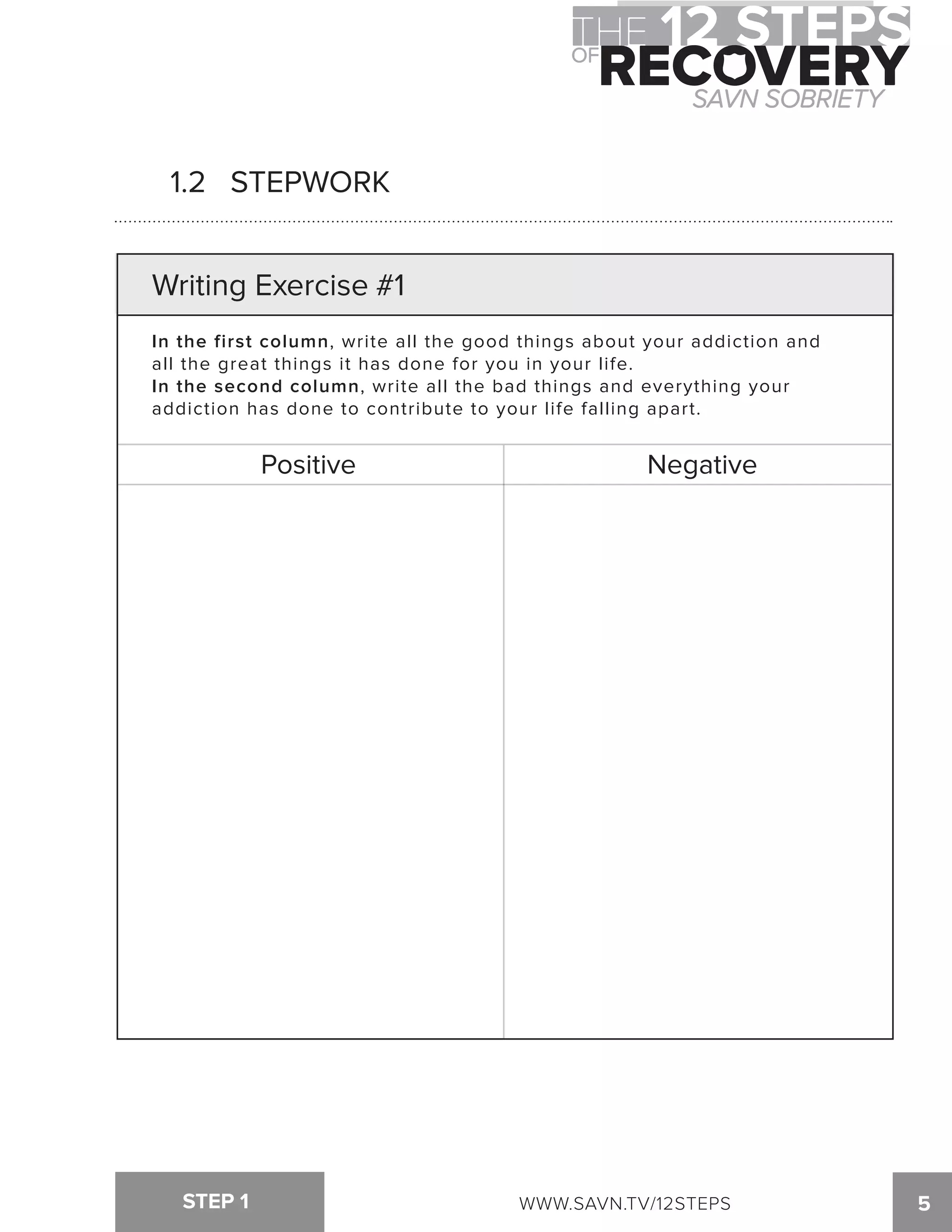 1.2 STEPWORK 
Writing Exercise #1 
In the first column, write all the good things about your addiction and 
all the great things it has done for you in your life. 
In the second column, write all the bad things and everything your 
addiction has done to contribute to your life falling apart. 
Positive Negative 
STEP 1 WWW.SAVN.TV/12STEPS 
5 
 