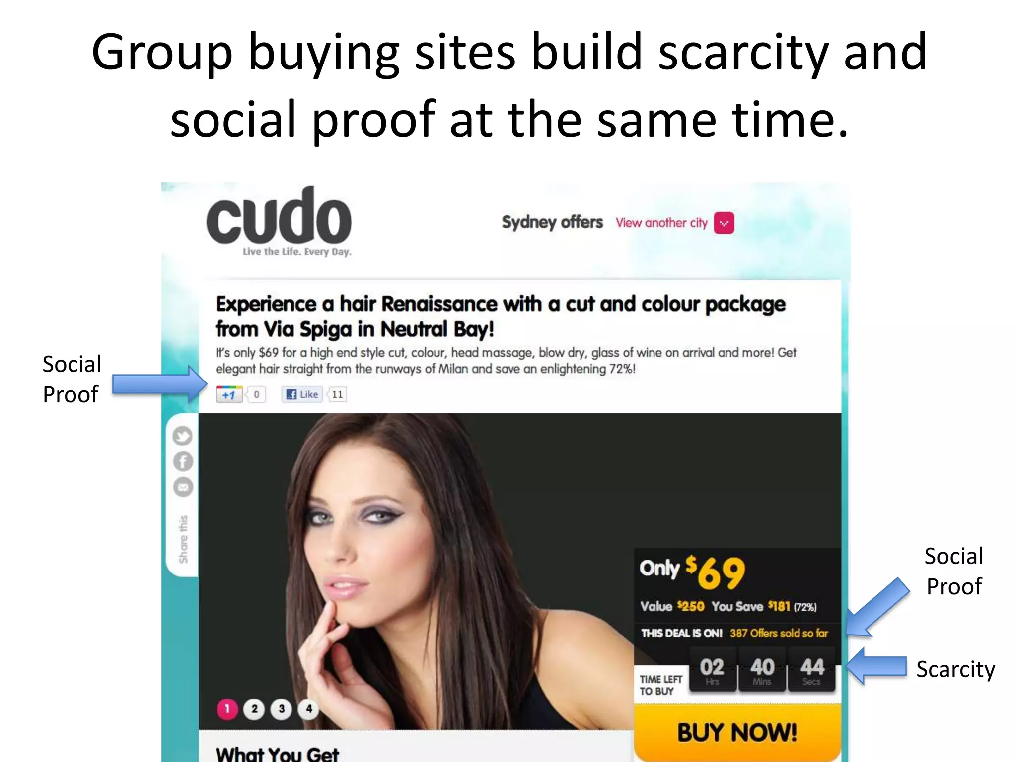 Group buying sites build scarcity and
       social proof at the same time.



Social
Proof




                                        Social
                                        Proof


                                        Scarcity
 