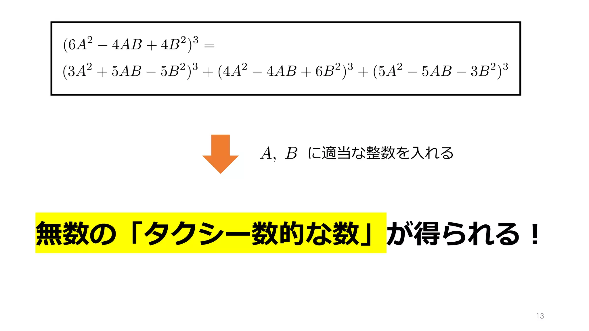 (6A2
4AB + 4B2
)3
= (3A2
+ 5AB 5B2
)3
+ (4A2
4AB + 6B2
)3
+ (5A2
5A
<latexit sha1_base64="EdDBpHj5FZ3dQ6zU42YC9DEtnv4=">AAAGX3icpVRLTxNRFD6gFKwKRTcaNxNrTRUhty98JCYFN+zkDQkU0hkuMGFemZkW6qR/wD/gwpUmLow/g41/wAVLl8SdmLhx4XfPVGjB1oUzmXvP/c7jO+fce0f3LDMIhTjq6790eSAxOHQlefXa9eGR1OiN5cCt+YZcMlzL9Vf1aiAt05FLoRlactXzZdXWLbmi771Q+pW69APTdRbDhicrdnXHMbdNoxoC2kxVspNTG3ltXCtOTWtjWnF6I/9go6A917IFhY9pJeDjWqmFj2nZYrv95BleivHYvhDjm6m0mBD8aBeFXEtIlwXxM+uO9tdonbbIJYNqZJMkh0LIFlUpwLtGORLkAatQBMyHZLJeUpOS8K3BSsKiCnQP4w5Way3UwVrFDNjbAIuFz4enRhnxRXwUJ+Kz+CSOxS/EynSJFuGrMaPfgzNiLpVzA7Mec0hvc+T1rYWf//SyMYe0e+bVs7aQtukJ12SiRo8RVa0R+9dfvTlZeDafie6L9+Ib6nwnjsQhKnXqP4wPc3L+bY98dOSiquzO/5IWKU+PeM5xFtvoqtOWQ5L3VAJfpwVUVYVNBNkEYuN1WZtErhpQ5XeAUVl0RlJ2qsId6GLWJmxUTmo3DO5DbK+BZ4aZ45jKIjjlaH//lyN5GsWEZdyp7icn5NgN2meuRs/ORhh9yB46ps74Qc/TFiC2zTeigW+rZetAt89V2ax1oFF9rXMeTZZ9aEM+bxK77YInoqe4ZUp7j3fJwdxsRVRR9mCp7FVHQvbzO/bY5qxVRi73xcJbRrTMaf/XOVPFvN9h0elr8FnxOUfVf51XzXNrtTLRhV2u4k/U7vU/BH7QwbOGXa5grJzLMT6H5baoGvpSQHdKPapM4xY0ec7/tWsu32z0DH/H3Pl/4UVhOT+RgzxXTJen498kDdEduktZ8DwG4wzN0hJqPKRj+k4nA18Tg4nhRCo27e9r+dykjidx+ze2P0rI</latexit><latexit sha1_base64="EdDBpHj5FZ3dQ6zU42YC9DEtnv4=">AAAGX3icpVRLTxNRFD6gFKwKRTcaNxNrTRUhty98JCYFN+zkDQkU0hkuMGFemZkW6qR/wD/gwpUmLow/g41/wAVLl8SdmLhx4XfPVGjB1oUzmXvP/c7jO+fce0f3LDMIhTjq6790eSAxOHQlefXa9eGR1OiN5cCt+YZcMlzL9Vf1aiAt05FLoRlactXzZdXWLbmi771Q+pW69APTdRbDhicrdnXHMbdNoxoC2kxVspNTG3ltXCtOTWtjWnF6I/9go6A917IFhY9pJeDjWqmFj2nZYrv95BleivHYvhDjm6m0mBD8aBeFXEtIlwXxM+uO9tdonbbIJYNqZJMkh0LIFlUpwLtGORLkAatQBMyHZLJeUpOS8K3BSsKiCnQP4w5Way3UwVrFDNjbAIuFz4enRhnxRXwUJ+Kz+CSOxS/EynSJFuGrMaPfgzNiLpVzA7Mec0hvc+T1rYWf//SyMYe0e+bVs7aQtukJ12SiRo8RVa0R+9dfvTlZeDafie6L9+Ib6nwnjsQhKnXqP4wPc3L+bY98dOSiquzO/5IWKU+PeM5xFtvoqtOWQ5L3VAJfpwVUVYVNBNkEYuN1WZtErhpQ5XeAUVl0RlJ2qsId6GLWJmxUTmo3DO5DbK+BZ4aZ45jKIjjlaH//lyN5GsWEZdyp7icn5NgN2meuRs/ORhh9yB46ps74Qc/TFiC2zTeigW+rZetAt89V2ax1oFF9rXMeTZZ9aEM+bxK77YInoqe4ZUp7j3fJwdxsRVRR9mCp7FVHQvbzO/bY5qxVRi73xcJbRrTMaf/XOVPFvN9h0elr8FnxOUfVf51XzXNrtTLRhV2u4k/U7vU/BH7QwbOGXa5grJzLMT6H5baoGvpSQHdKPapM4xY0ec7/tWsu32z0DH/H3Pl/4UVhOT+RgzxXTJen498kDdEduktZ8DwG4wzN0hJqPKRj+k4nA18Tg4nhRCo27e9r+dykjidx+ze2P0rI</latexit><latexit sha1_base64="EdDBpHj5FZ3dQ6zU42YC9DEtnv4=">AAAGX3icpVRLTxNRFD6gFKwKRTcaNxNrTRUhty98JCYFN+zkDQkU0hkuMGFemZkW6qR/wD/gwpUmLow/g41/wAVLl8SdmLhx4XfPVGjB1oUzmXvP/c7jO+fce0f3LDMIhTjq6790eSAxOHQlefXa9eGR1OiN5cCt+YZcMlzL9Vf1aiAt05FLoRlactXzZdXWLbmi771Q+pW69APTdRbDhicrdnXHMbdNoxoC2kxVspNTG3ltXCtOTWtjWnF6I/9go6A917IFhY9pJeDjWqmFj2nZYrv95BleivHYvhDjm6m0mBD8aBeFXEtIlwXxM+uO9tdonbbIJYNqZJMkh0LIFlUpwLtGORLkAatQBMyHZLJeUpOS8K3BSsKiCnQP4w5Way3UwVrFDNjbAIuFz4enRhnxRXwUJ+Kz+CSOxS/EynSJFuGrMaPfgzNiLpVzA7Mec0hvc+T1rYWf//SyMYe0e+bVs7aQtukJ12SiRo8RVa0R+9dfvTlZeDafie6L9+Ib6nwnjsQhKnXqP4wPc3L+bY98dOSiquzO/5IWKU+PeM5xFtvoqtOWQ5L3VAJfpwVUVYVNBNkEYuN1WZtErhpQ5XeAUVl0RlJ2qsId6GLWJmxUTmo3DO5DbK+BZ4aZ45jKIjjlaH//lyN5GsWEZdyp7icn5NgN2meuRs/ORhh9yB46ps74Qc/TFiC2zTeigW+rZetAt89V2ax1oFF9rXMeTZZ9aEM+bxK77YInoqe4ZUp7j3fJwdxsRVRR9mCp7FVHQvbzO/bY5qxVRi73xcJbRrTMaf/XOVPFvN9h0elr8FnxOUfVf51XzXNrtTLRhV2u4k/U7vU/BH7QwbOGXa5grJzLMT6H5baoGvpSQHdKPapM4xY0ec7/tWsu32z0DH/H3Pl/4UVhOT+RgzxXTJen498kDdEduktZ8DwG4wzN0hJqPKRj+k4nA18Tg4nhRCo27e9r+dykjidx+ze2P0rI</latexit><latexit sha1_base64="9Nlc+QgyxIgZRSq039MrkUTJvaw=">AAAGX3icpVRLTxNRFD6gFKwKRTcaNxNrTRUhty98JCaAG3byhoQWMjNcYMI8mplpoTb9A/4BF640cWH8GWz8Ay5YuiTuxMSNC797ZoQWbF04k7n33O88vnPOvXeMqm0FoRBHff2XLg8kBoeuJK9euz48khq9sRJ4Nd+Uy6Zne/6aoQfStly5HFqhLdeqvtQdw5arxt4LpV+tSz+wPHcpbFRlxdF3XGvbMvUQ0Gaqkp2c3shr41pxekYb04ozG/kHGwXtuZYtKHxMKwEf10oxPqZli+32k2d4KcIj+0KEb6bSYkLwo10UcrGQpviZ80b7a1SmLfLIpBo5JMmlELJNOgV41ylHgqrAKtQE5kOyWC+pRUn41mAlYaED3cO4g9V6jLpYq5gBe5tgsfH58NQoI76Ij+JEfBafxLH4hViZLtGa+GrM6PfgbDKXyrmB2Yg4ZHVz5PWtxZ//9HIwh7R75tWztpC26QnXZKHGKiOqWjPyr796c7L4bCHTvC/ei2+o8504Eoeo1K3/MD/My4W3PfIxkIuqsjv/S1qiPD3iOcdZbKOrblsOSd5TCbxMi6hKh00TsgXEweuxNolcNaDK7wCjsuiMpOxUhTvQRawt2Kic1G6Y3IfIXgPPLDNHMZVFcMrR/v4vR/I0igXLqFPdT07IsRu0z1yNnp1tYvQhV9ExdcYPep62ALEdvhENfFuxrQvdPlflsNaFRvW1znm0WPahDfm8Sey2B54mPcUtU9p7vEsu5lYcUUXZg6WyVx0J2c/v2GOHs1YZedwXG+8UomVO+1/mTBXzfodFp6/JZ8XnHFX/DV61zq3VykIXdrmKP1G71/8Q+EEHzzp2uYKxci7H6BxOtUXV0JcCulPqUWUat6DFc/6vXfP4ZqNn+Dvmzv8LLwor+Ykc5Pliemom/k8O0R26S1nwPAbjLM3RMmo8pGP6TicDXxODieFEKjLt74t9blLHk7j9G1MhSlg=</latexit>
+ 4B2
)3
= (3A2
+ 5AB 5B2
)3
+ (4A2
4AB + 6B2
)3
+ (5A2
5AB 3B2
)3
A, B
<latexit sha1_base64="3LJwMoGw1ZAUW+M6ha7I4oUhh4c=">AAAGB3icpVQ7b9NQFD4NGEp4tIUFicUiBCFUVTcFxHMIsHSj71Zqosp2b1orfsl20gbLPwA2JiQ6gcSAGNgQK2LhDzD0JyDGIrEw8N3jEOqUhAFbvvfc8/rO+e69NgPHjmIh9kYKR45qx46PniiePHX6zNj4xNnlyG+FllyyfMcPV00jko7tyaXYjh25GoTScE1HrpjNh8q+0pZhZPveYtwJZN01Nj27YVtGDNXK/Um9dld/sD5eElOCH/2wUOkKpaogfmb9iUKLarRBPlnUIpckeRRDdsigCO8aVUhQAF2dEuhCSDbbJaVURGwLXhIeBrRNjJtYrXW1HtYqZ8TRFlAcfCEidSqLL+KN2BefxVvxVfxErvKAbAm+FiOGQzATxlI1dzCbGYYM1seenl/48c8oF3NMW3+ihvYWU4NucU82egxYo7q1svj24+f7C3fmy8ll8Up8Q58vxZ74hE699nfr9Zyc3x1Sj4laVJeD8R/RIk3TJM8VrqIBVr0DNRR5TyX0NVpAVwZ8Esg2NC5en61F1KpDq+J2MCqPfCblpzrchC1DTeGjalK7YTEPmb8OnBlGznIqj6iHcfD9X4xiL4sNz4ypwScn5twd2maszlBmE4wh5ACMqTO+M/S0Rcjt8o3o4Nvo+nqwbXNXLls9WBSvba4jZTmENebzJrHbPnASuo1bpqyXeJc8zGk3o8rShKfyV4zEHBfm9tjlqlVFPvPi4K0iW7nHf40rVcjbOY98rMVnJeQaFf8mr9K+tVrZYGGLu/iddXD/V6HfyeGsYZfrGOt9NWbnsHogqw5eroGdG0O6LOEWpDxP/5U1n282OMPfsdL/LzwsLE9PVSDPXS9V72W/SRqlC3SRrgDnJhBnaJaW+Cw8oxe0qz3R3mnvtQ+Za2GkG3OOco/28RcEZTls</latexit><latexit sha1_base64="3LJwMoGw1ZAUW+M6ha7I4oUhh4c=">AAAGB3icpVQ7b9NQFD4NGEp4tIUFicUiBCFUVTcFxHMIsHSj71Zqosp2b1orfsl20gbLPwA2JiQ6gcSAGNgQK2LhDzD0JyDGIrEw8N3jEOqUhAFbvvfc8/rO+e69NgPHjmIh9kYKR45qx46PniiePHX6zNj4xNnlyG+FllyyfMcPV00jko7tyaXYjh25GoTScE1HrpjNh8q+0pZhZPveYtwJZN01Nj27YVtGDNXK/Um9dld/sD5eElOCH/2wUOkKpaogfmb9iUKLarRBPlnUIpckeRRDdsigCO8aVUhQAF2dEuhCSDbbJaVURGwLXhIeBrRNjJtYrXW1HtYqZ8TRFlAcfCEidSqLL+KN2BefxVvxVfxErvKAbAm+FiOGQzATxlI1dzCbGYYM1seenl/48c8oF3NMW3+ihvYWU4NucU82egxYo7q1svj24+f7C3fmy8ll8Up8Q58vxZ74hE699nfr9Zyc3x1Sj4laVJeD8R/RIk3TJM8VrqIBVr0DNRR5TyX0NVpAVwZ8Esg2NC5en61F1KpDq+J2MCqPfCblpzrchC1DTeGjalK7YTEPmb8OnBlGznIqj6iHcfD9X4xiL4sNz4ypwScn5twd2maszlBmE4wh5ACMqTO+M/S0Rcjt8o3o4Nvo+nqwbXNXLls9WBSvba4jZTmENebzJrHbPnASuo1bpqyXeJc8zGk3o8rShKfyV4zEHBfm9tjlqlVFPvPi4K0iW7nHf40rVcjbOY98rMVnJeQaFf8mr9K+tVrZYGGLu/iddXD/V6HfyeGsYZfrGOt9NWbnsHogqw5eroGdG0O6LOEWpDxP/5U1n282OMPfsdL/LzwsLE9PVSDPXS9V72W/SRqlC3SRrgDnJhBnaJaW+Cw8oxe0qz3R3mnvtQ+Za2GkG3OOco/28RcEZTls</latexit><latexit sha1_base64="3LJwMoGw1ZAUW+M6ha7I4oUhh4c=">AAAGB3icpVQ7b9NQFD4NGEp4tIUFicUiBCFUVTcFxHMIsHSj71Zqosp2b1orfsl20gbLPwA2JiQ6gcSAGNgQK2LhDzD0JyDGIrEw8N3jEOqUhAFbvvfc8/rO+e69NgPHjmIh9kYKR45qx46PniiePHX6zNj4xNnlyG+FllyyfMcPV00jko7tyaXYjh25GoTScE1HrpjNh8q+0pZhZPveYtwJZN01Nj27YVtGDNXK/Um9dld/sD5eElOCH/2wUOkKpaogfmb9iUKLarRBPlnUIpckeRRDdsigCO8aVUhQAF2dEuhCSDbbJaVURGwLXhIeBrRNjJtYrXW1HtYqZ8TRFlAcfCEidSqLL+KN2BefxVvxVfxErvKAbAm+FiOGQzATxlI1dzCbGYYM1seenl/48c8oF3NMW3+ihvYWU4NucU82egxYo7q1svj24+f7C3fmy8ll8Up8Q58vxZ74hE699nfr9Zyc3x1Sj4laVJeD8R/RIk3TJM8VrqIBVr0DNRR5TyX0NVpAVwZ8Esg2NC5en61F1KpDq+J2MCqPfCblpzrchC1DTeGjalK7YTEPmb8OnBlGznIqj6iHcfD9X4xiL4sNz4ypwScn5twd2maszlBmE4wh5ACMqTO+M/S0Rcjt8o3o4Nvo+nqwbXNXLls9WBSvba4jZTmENebzJrHbPnASuo1bpqyXeJc8zGk3o8rShKfyV4zEHBfm9tjlqlVFPvPi4K0iW7nHf40rVcjbOY98rMVnJeQaFf8mr9K+tVrZYGGLu/iddXD/V6HfyeGsYZfrGOt9NWbnsHogqw5eroGdG0O6LOEWpDxP/5U1n282OMPfsdL/LzwsLE9PVSDPXS9V72W/SRqlC3SRrgDnJhBnaJaW+Cw8oxe0qz3R3mnvtQ+Za2GkG3OOco/28RcEZTls</latexit><latexit sha1_base64="wXvYQ9W8A1mkTAXyZhLF/qKGot8=">AAAGB3icpVQ7b9NQFD4tBEp4tIUFicUiBCFUVTcBxHMosHSjr7SVkqiy3dvWil+ynTTByg+AjQmJTiAxIAY2xIpY+AMM/QmIsUgsDHz32IS6JWbAlu8997y+c757rw3ftsJIiN2R0SNHC8eOj50onjx1+sz4xOTZ5dBrB6asmZ7tBauGHkrbcmUtsiJbrvqB1B3DlitG66Gyr3RkEFqeuxT1fNl09E3X2rBMPYJq5f6U1rirPVibKIlpwY92WKikQonSZ86bHG1Tg9bJI5Pa5JAklyLINukU4q1ThQT50DUphi6AZLFdUp+KiG3DS8JDh7aFcROreqp1sVY5Q442gWLjCxCpUVl8EW/Envgs3oqv4idylYdki/G1GTHIwYwZS9Xcw2wkGNJfG396fvHHP6MczBFt/YnK7S2iDbrFPVno0WeN6tZM4juPn+8t3lkox5fFK/ENfb4Uu+ITOnU7383X83JhJ6ceA7WoLofjP6IlqtIUzxWuYgOsuvtqKPKeSugbtIiudPjEkC1oHLweW4uoVYNWxXUxKo9sJuWnOtyELUHtw0fVpHbDZB4Sfw04s4yc5FQe4QBj//u/GMVBFgueCVPDT07EuXu0zVi9XGZjjAFkH4ypM97NPW0hcjt8I3r41lNfF7Zt7sphqwuL4rXDdfRZDmCN+LxJ7LYHnJhu45Yp6yXeJRdzP82osrTgqfwVIxHHBZk9drhqVZHHvNh4Z5CtPOC/wZUq5O2MRzbW5LMScI2Kf4NX/QNrtbLAwhZ38Tvr8P6vQt/N4NSxy02MzQM1JudwZl9WDbxcAzs3cros4Rb0ea7+lTWPbzY4w9+xcvBfeFhYrk5XIM9fL83cS/+TY3SBLtIV4NwE4izNUY3PwjN6QTuFJ4V3hfeFD4nr6Egac44yT+HjL6E4OPw=</latexit>
に適当な整数を⼊れる
無数の「タクシー数的な数」が得られる︕
13
 