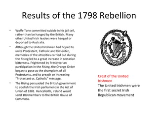 Results of the 1798 Rebellion
•   Wolfe Tone committed suicide in his jail cell,
    rather than be hanged by the British. Many
    other United Irish leaders were hanged or
    deported to Australia.
•   Although the United Irishmen had hoped to
    unite Protestant, Catholic and Dissenter,
    memories of the atrocities carried out during
    the Rising led to a great increase in sectarian
    bitterness. Frightened by Presbyterian
    participation in the Rising, the Orange Order
    began to pose as the champions of all
    Protestants, and to preach an increasing
                                                      Crest of the United
    “Protestant vs. Catholic” message.
                                                      Irishmen
•   The Rising persuaded the British government
    to abolish the Irish parliament in the Act of     The United Irishmen were
    Union of 1801. Henceforth, Ireland would          the first secret Irish
    send 100 members to the British House of          Republican movement
    Commons.
 