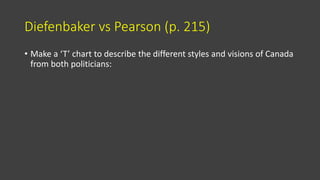 Diefenbaker vs Pearson (p. 215)
• Make a ‘T’ chart to describe the different styles and visions of Canada
from both politicians:
 