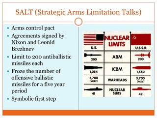 SALT (Strategic Arms Limitation Talks)Arms control pactAgreements signed by Nixon and Leonid BrezhnevLimit to 200 antiballistic missiles eachFroze the number of offensive ballistic missiles for a five year periodSymbolic first step