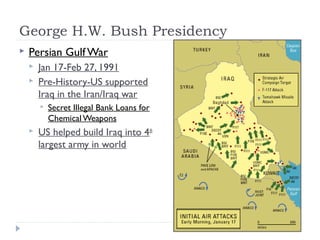 George H.W. Bush Presidency
 Persian Gulf War
 Jan 17-Feb 27, 1991
 Pre-History-US supported
Iraq in the Iran/Iraq war
 Secret Illegal Bank Loans for
ChemicalWeapons
 US helped build Iraq into 4th
largest army in world
 