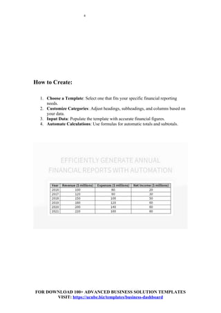 4
How to Create:
1. Choose a Template: Select one that fits your specific financial reporting
needs.
2. Customize Categories: Adjust headings, subheadings, and columns based on
your data.
3. Input Data: Populate the template with accurate financial figures.
4. Automate Calculations: Use formulas for automatic totals and subtotals.
FOR DOWNLOAD 100+ ADVANCED BUSINESS SOLUTION TEMPLATES
VISIT: https://ucube.biz/templates/business-dashboard
 