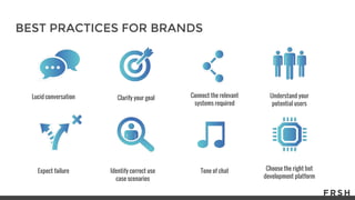 BEST PRACTICES FOR BRANDS
Expect failure
Understand your
potential users
Clarify your goal
Identify correct use
case scenarios
Choose the right bot
development platform
Connect the relevant
systems required
Lucid conversation
Tone of chat
 