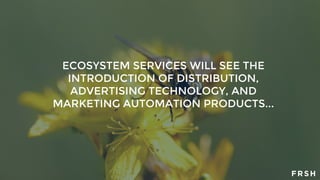 ECOSYSTEM SERVICES WILL SEE THE
INTRODUCTION OF DISTRIBUTION,
ADVERTISING TECHNOLOGY, AND
MARKETING AUTOMATION PRODUCTS...
 