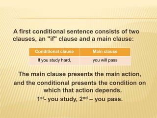 A first conditional sentence consists of two clauses, an "if" clause and a main clause:<br />The main clause presents the ...