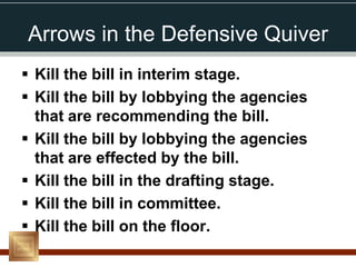 Arrows in the Defensive Quiver
 Kill the bill in interim stage.
 Kill the bill by lobbying the agencies
  that are recommending the bill.
 Kill the bill by lobbying the agencies
  that are effected by the bill.
 Kill the bill in the drafting stage.
 Kill the bill in committee.
 Kill the bill on the floor.
 