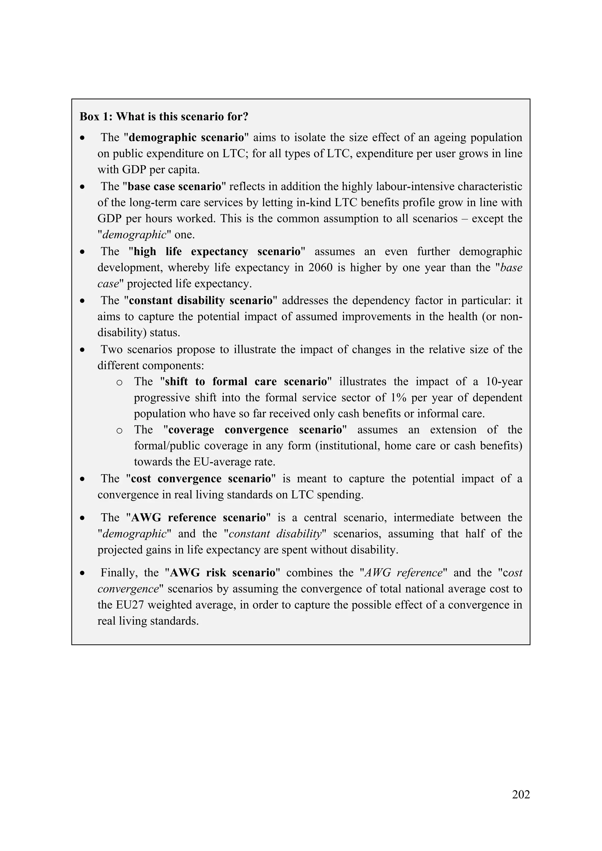 202
Box 1: What is this scenario for?
• The "demographic scenario" aims to isolate the size effect of an ageing population
on public expenditure on LTC; for all types of LTC, expenditure per user grows in line
with GDP per capita.
• The "base case scenario" reflects in addition the highly labour-intensive characteristic
of the long-term care services by letting in-kind LTC benefits profile grow in line with
GDP per hours worked. This is the common assumption to all scenarios – except the
"demographic" one.
• The "high life expectancy scenario" assumes an even further demographic
development, whereby life expectancy in 2060 is higher by one year than the "base
case" projected life expectancy.
• The "constant disability scenario" addresses the dependency factor in particular: it
aims to capture the potential impact of assumed improvements in the health (or non-
disability) status.
• Two scenarios propose to illustrate the impact of changes in the relative size of the
different components:
o The "shift to formal care scenario" illustrates the impact of a 10-year
progressive shift into the formal service sector of 1% per year of dependent
population who have so far received only cash benefits or informal care.
o The "coverage convergence scenario" assumes an extension of the
formal/public coverage in any form (institutional, home care or cash benefits)
towards the EU-average rate.
• The "cost convergence scenario" is meant to capture the potential impact of a
convergence in real living standards on LTC spending.
• The "AWG reference scenario" is a central scenario, intermediate between the
"demographic" and the "constant disability" scenarios, assuming that half of the
projected gains in life expectancy are spent without disability.
• Finally, the "AWG risk scenario" combines the "AWG reference" and the "cost
convergence" scenarios by assuming the convergence of total national average cost to
the EU27 weighted average, in order to capture the possible effect of a convergence in
real living standards.
 