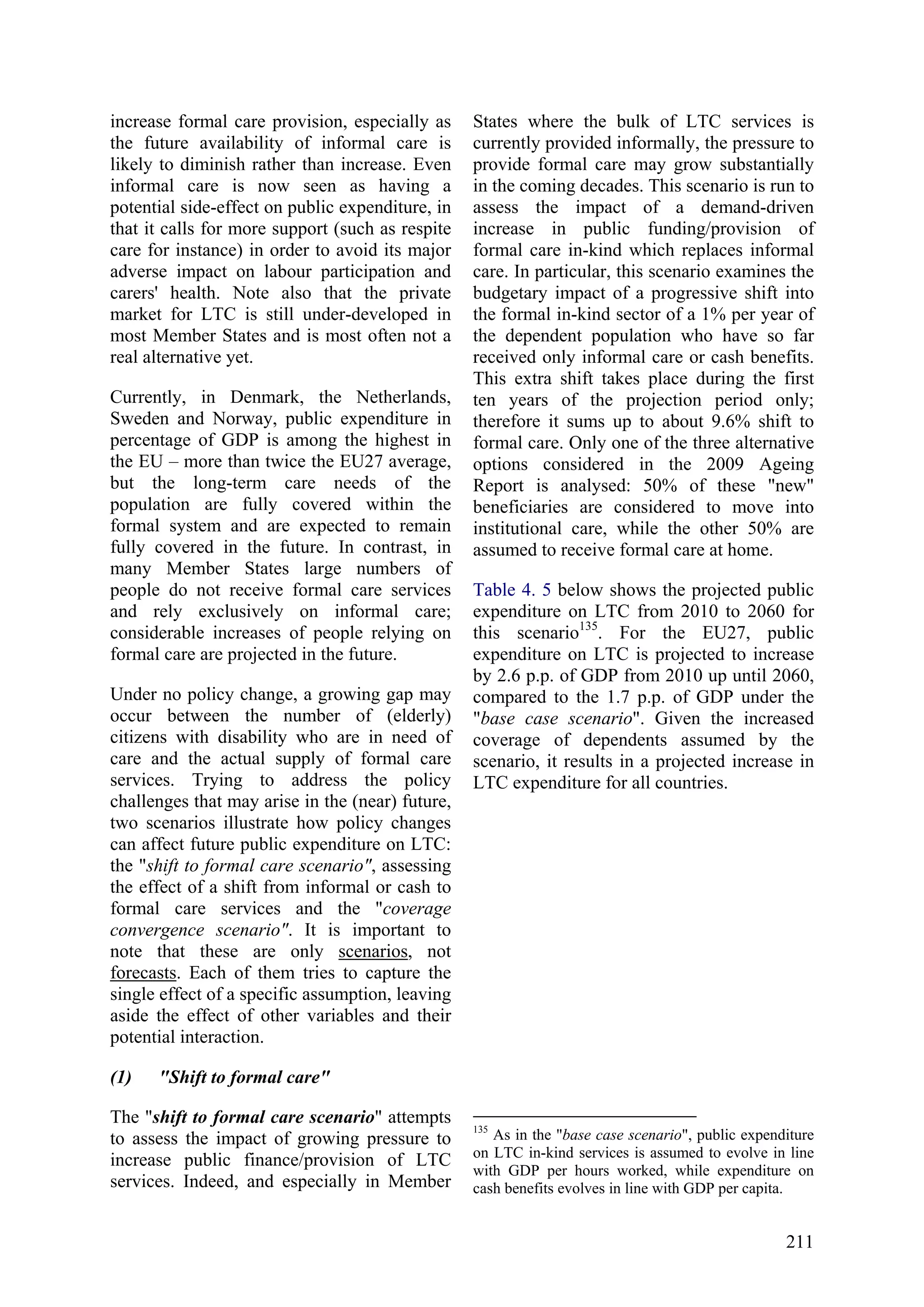 211
increase formal care provision, especially as
the future availability of informal care is
likely to diminish rather than increase. Even
informal care is now seen as having a
potential side-effect on public expenditure, in
that it calls for more support (such as respite
care for instance) in order to avoid its major
adverse impact on labour participation and
carers' health. Note also that the private
market for LTC is still under-developed in
most Member States and is most often not a
real alternative yet.
Currently, in Denmark, the Netherlands,
Sweden and Norway, public expenditure in
percentage of GDP is among the highest in
the EU – more than twice the EU27 average,
but the long-term care needs of the
population are fully covered within the
formal system and are expected to remain
fully covered in the future. In contrast, in
many Member States large numbers of
people do not receive formal care services
and rely exclusively on informal care;
considerable increases of people relying on
formal care are projected in the future.
Under no policy change, a growing gap may
occur between the number of (elderly)
citizens with disability who are in need of
care and the actual supply of formal care
services. Trying to address the policy
challenges that may arise in the (near) future,
two scenarios illustrate how policy changes
can affect future public expenditure on LTC:
the "shift to formal care scenario", assessing
the effect of a shift from informal or cash to
formal care services and the "coverage
convergence scenario". It is important to
note that these are only scenarios, not
forecasts. Each of them tries to capture the
single effect of a specific assumption, leaving
aside the effect of other variables and their
potential interaction.
(1) "Shift to formal care"
The "shift to formal care scenario" attempts
to assess the impact of growing pressure to
increase public finance/provision of LTC
services. Indeed, and especially in Member
States where the bulk of LTC services is
currently provided informally, the pressure to
provide formal care may grow substantially
in the coming decades. This scenario is run to
assess the impact of a demand-driven
increase in public funding/provision of
formal care in-kind which replaces informal
care. In particular, this scenario examines the
budgetary impact of a progressive shift into
the formal in-kind sector of a 1% per year of
the dependent population who have so far
received only informal care or cash benefits.
This extra shift takes place during the first
ten years of the projection period only;
therefore it sums up to about 9.6% shift to
formal care. Only one of the three alternative
options considered in the 2009 Ageing
Report is analysed: 50% of these "new"
beneficiaries are considered to move into
institutional care, while the other 50% are
assumed to receive formal care at home.
Table 4. 5 below shows the projected public
expenditure on LTC from 2010 to 2060 for
this scenario135
. For the EU27, public
expenditure on LTC is projected to increase
by 2.6 p.p. of GDP from 2010 up until 2060,
compared to the 1.7 p.p. of GDP under the
"base case scenario". Given the increased
coverage of dependents assumed by the
scenario, it results in a projected increase in
LTC expenditure for all countries.
135
As in the "base case scenario", public expenditure
on LTC in-kind services is assumed to evolve in line
with GDP per hours worked, while expenditure on
cash benefits evolves in line with GDP per capita.
 