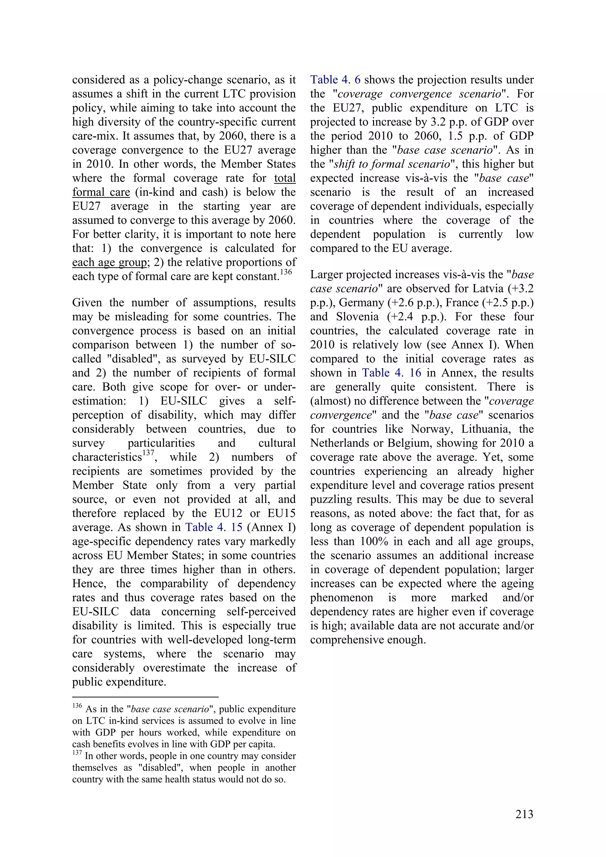 213
considered as a policy-change scenario, as it
assumes a shift in the current LTC provision
policy, while aiming to take into account the
high diversity of the country-specific current
care-mix. It assumes that, by 2060, there is a
coverage convergence to the EU27 average
in 2010. In other words, the Member States
where the formal coverage rate for total
formal care (in-kind and cash) is below the
EU27 average in the starting year are
assumed to converge to this average by 2060.
For better clarity, it is important to note here
that: 1) the convergence is calculated for
each age group; 2) the relative proportions of
each type of formal care are kept constant.136
Given the number of assumptions, results
may be misleading for some countries. The
convergence process is based on an initial
comparison between 1) the number of so-
called "disabled", as surveyed by EU-SILC
and 2) the number of recipients of formal
care. Both give scope for over- or under-
estimation: 1) EU-SILC gives a self-
perception of disability, which may differ
considerably between countries, due to
survey particularities and cultural
characteristics137
, while 2) numbers of
recipients are sometimes provided by the
Member State only from a very partial
source, or even not provided at all, and
therefore replaced by the EU12 or EU15
average. As shown in Table 4. 15 (Annex I)
age-specific dependency rates vary markedly
across EU Member States; in some countries
they are three times higher than in others.
Hence, the comparability of dependency
rates and thus coverage rates based on the
EU-SILC data concerning self-perceived
disability is limited. This is especially true
for countries with well-developed long-term
care systems, where the scenario may
considerably overestimate the increase of
public expenditure.
136
As in the "base case scenario", public expenditure
on LTC in-kind services is assumed to evolve in line
with GDP per hours worked, while expenditure on
cash benefits evolves in line with GDP per capita.
137
In other words, people in one country may consider
themselves as "disabled", when people in another
country with the same health status would not do so.
Table 4. 6 shows the projection results under
the "coverage convergence scenario". For
the EU27, public expenditure on LTC is
projected to increase by 3.2 p.p. of GDP over
the period 2010 to 2060, 1.5 p.p. of GDP
higher than the "base case scenario". As in
the "shift to formal scenario", this higher but
expected increase vis-à-vis the "base case"
scenario is the result of an increased
coverage of dependent individuals, especially
in countries where the coverage of the
dependent population is currently low
compared to the EU average.
Larger projected increases vis-à-vis the "base
case scenario" are observed for Latvia (+3.2
p.p.), Germany (+2.6 p.p.), France (+2.5 p.p.)
and Slovenia (+2.4 p.p.). For these four
countries, the calculated coverage rate in
2010 is relatively low (see Annex I). When
compared to the initial coverage rates as
shown in Table 4. 16 in Annex, the results
are generally quite consistent. There is
(almost) no difference between the "coverage
convergence" and the "base case" scenarios
for countries like Norway, Lithuania, the
Netherlands or Belgium, showing for 2010 a
coverage rate above the average. Yet, some
countries experiencing an already higher
expenditure level and coverage ratios present
puzzling results. This may be due to several
reasons, as noted above: the fact that, for as
long as coverage of dependent population is
less than 100% in each and all age groups,
the scenario assumes an additional increase
in coverage of dependent population; larger
increases can be expected where the ageing
phenomenon is more marked and/or
dependency rates are higher even if coverage
is high; available data are not accurate and/or
comprehensive enough.
 