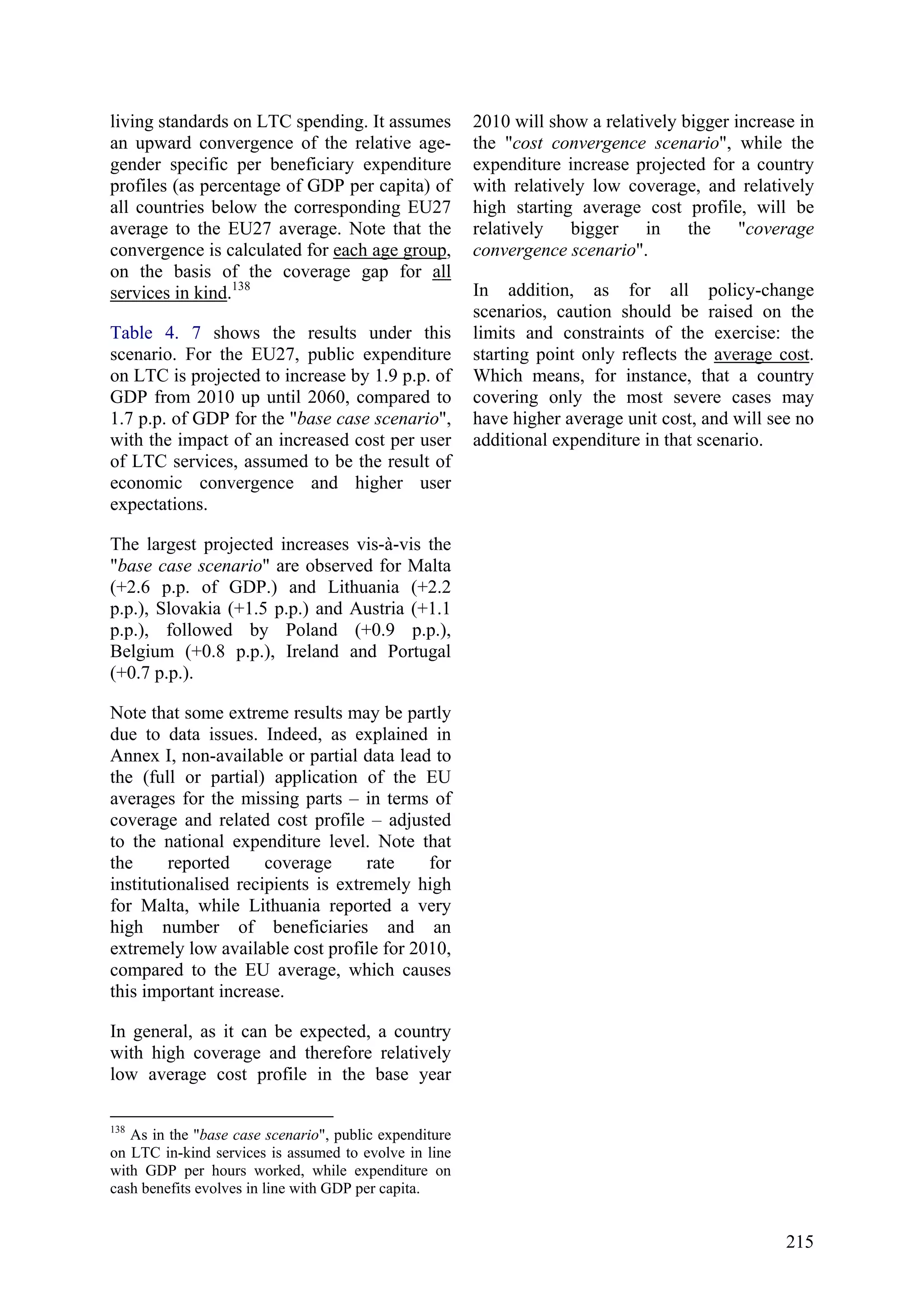 215
living standards on LTC spending. It assumes
an upward convergence of the relative age-
gender specific per beneficiary expenditure
profiles (as percentage of GDP per capita) of
all countries below the corresponding EU27
average to the EU27 average. Note that the
convergence is calculated for each age group,
on the basis of the coverage gap for all
services in kind.138
Table 4. 7 shows the results under this
scenario. For the EU27, public expenditure
on LTC is projected to increase by 1.9 p.p. of
GDP from 2010 up until 2060, compared to
1.7 p.p. of GDP for the "base case scenario",
with the impact of an increased cost per user
of LTC services, assumed to be the result of
economic convergence and higher user
expectations.
The largest projected increases vis-à-vis the
"base case scenario" are observed for Malta
(+2.6 p.p. of GDP.) and Lithuania (+2.2
p.p.), Slovakia (+1.5 p.p.) and Austria (+1.1
p.p.), followed by Poland (+0.9 p.p.),
Belgium (+0.8 p.p.), Ireland and Portugal
(+0.7 p.p.).
Note that some extreme results may be partly
due to data issues. Indeed, as explained in
Annex I, non-available or partial data lead to
the (full or partial) application of the EU
averages for the missing parts – in terms of
coverage and related cost profile – adjusted
to the national expenditure level. Note that
the reported coverage rate for
institutionalised recipients is extremely high
for Malta, while Lithuania reported a very
high number of beneficiaries and an
extremely low available cost profile for 2010,
compared to the EU average, which causes
this important increase.
In general, as it can be expected, a country
with high coverage and therefore relatively
low average cost profile in the base year
138
As in the "base case scenario", public expenditure
on LTC in-kind services is assumed to evolve in line
with GDP per hours worked, while expenditure on
cash benefits evolves in line with GDP per capita.
2010 will show a relatively bigger increase in
the "cost convergence scenario", while the
expenditure increase projected for a country
with relatively low coverage, and relatively
high starting average cost profile, will be
relatively bigger in the "coverage
convergence scenario".
In addition, as for all policy-change
scenarios, caution should be raised on the
limits and constraints of the exercise: the
starting point only reflects the average cost.
Which means, for instance, that a country
covering only the most severe cases may
have higher average unit cost, and will see no
additional expenditure in that scenario.
 