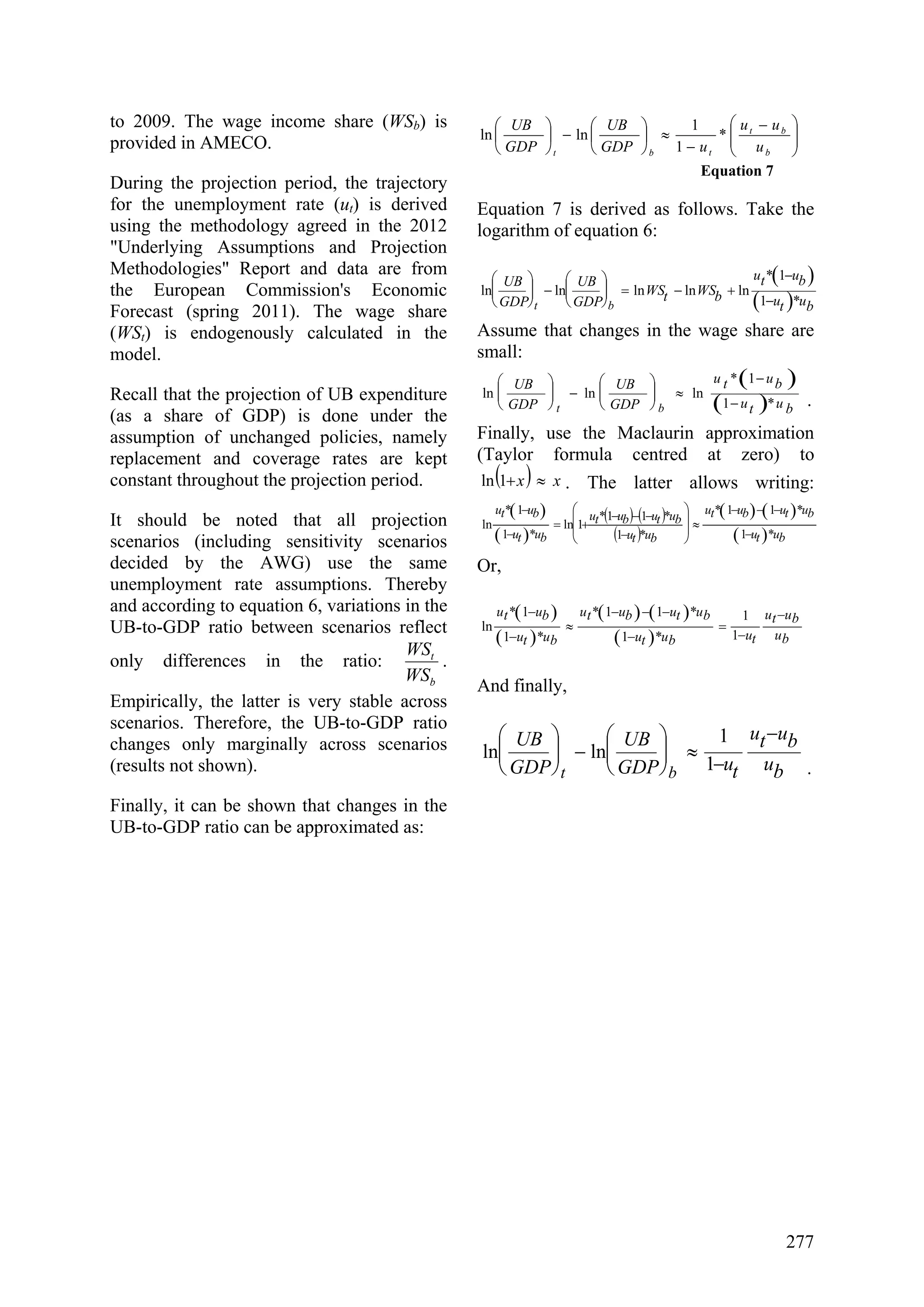 277
to 2009. The wage income share (WSb) is
provided in AMECO.
During the projection period, the trajectory
for the unemployment rate (ut) is derived
using the methodology agreed in the 2012
"Underlying Assumptions and Projection
Methodologies" Report and data are from
the European Commission's Economic
Forecast (spring 2011). The wage share
(WSt) is endogenously calculated in the
model.
Recall that the projection of UB expenditure
(as a share of GDP) is done under the
assumption of unchanged policies, namely
replacement and coverage rates are kept
constant throughout the projection period.
It should be noted that all projection
scenarios (including sensitivity scenarios
decided by the AWG) use the same
unemployment rate assumptions. Thereby
and according to equation 6, variations in the
UB-to-GDP ratio between scenarios reflect
only differences in the ratio:
b
t
WS
WS
.
Empirically, the latter is very stable across
scenarios. Therefore, the UB-to-GDP ratio
changes only marginally across scenarios
(results not shown).
Finally, it can be shown that changes in the
UB-to-GDP ratio can be approximated as:
⎟⎟
⎠
⎞
⎜⎜
⎝
⎛ −
−
≈⎟
⎠
⎞
⎜
⎝
⎛
−⎟
⎠
⎞
⎜
⎝
⎛
b
bt
tbt u
uu
uGDP
UB
GDP
UB
*
1
1
lnln
Equation 7
Equation 7 is derived as follows. Take the
logarithm of equation 6:
( )
( ) butu
butu
bWStWS
GDP
UB
GDP
UB
bt *1
1*
lnlnlnlnln
−
−
+−=⎟⎟
⎠
⎞
⎜⎜
⎝
⎛
−⎟⎟
⎠
⎞
⎜⎜
⎝
⎛
Assume that changes in the wage share are
small:
( )
( ) butu
butu
GDP
UB
GDP
UB
bt *1
1*
lnlnln
−
−
≈⎟⎟
⎠
⎞
⎜⎜
⎝
⎛
−⎟⎟
⎠
⎞
⎜⎜
⎝
⎛
.
Finally, use the Maclaurin approximation
(Taylor formula centred at zero) to
( ) xx ≈+1ln . The latter allows writing:
( )
( )
( ) ( )
( )
( ) ( )
( ) butu
butubutu
butu
butubutu
butu
butu
*1
*11*
*1
*11*
1ln
*1
1*
ln
−
−−−
≈⎟
⎟
⎠
⎞
⎜
⎜
⎝
⎛
−
−−−
+=
−
−
Or,
( )
( )
( ) ( )
( ) bu
butu
tubutu
butubutu
butu
butu −
−
=
−
−−−
≈
−
−
1
1
*1
*11*
*1
1*
ln
And finally,
bu
butu
tuGDP
UB
GDP
UB
bt
−
−
≈⎟⎟
⎠
⎞
⎜⎜
⎝
⎛
−⎟⎟
⎠
⎞
⎜⎜
⎝
⎛
1
1
lnln
.
 