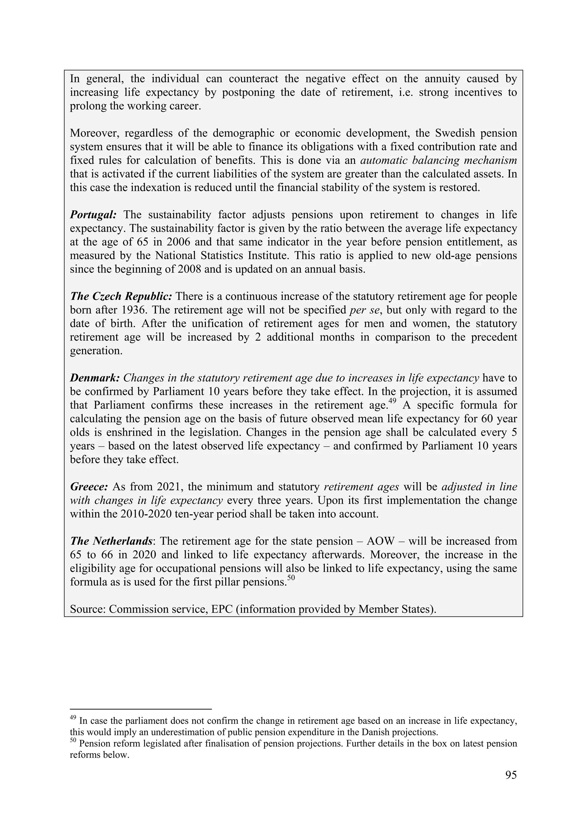 95
In general, the individual can counteract the negative effect on the annuity caused by
increasing life expectancy by postponing the date of retirement, i.e. strong incentives to
prolong the working career.
Moreover, regardless of the demographic or economic development, the Swedish pension
system ensures that it will be able to finance its obligations with a fixed contribution rate and
fixed rules for calculation of benefits. This is done via an automatic balancing mechanism
that is activated if the current liabilities of the system are greater than the calculated assets. In
this case the indexation is reduced until the financial stability of the system is restored.
Portugal: The sustainability factor adjusts pensions upon retirement to changes in life
expectancy. The sustainability factor is given by the ratio between the average life expectancy
at the age of 65 in 2006 and that same indicator in the year before pension entitlement, as
measured by the National Statistics Institute. This ratio is applied to new old-age pensions
since the beginning of 2008 and is updated on an annual basis.
The Czech Republic: There is a continuous increase of the statutory retirement age for people
born after 1936. The retirement age will not be specified per se, but only with regard to the
date of birth. After the unification of retirement ages for men and women, the statutory
retirement age will be increased by 2 additional months in comparison to the precedent
generation.
Denmark: Changes in the statutory retirement age due to increases in life expectancy have to
be confirmed by Parliament 10 years before they take effect. In the projection, it is assumed
that Parliament confirms these increases in the retirement age.49
A specific formula for
calculating the pension age on the basis of future observed mean life expectancy for 60 year
olds is enshrined in the legislation. Changes in the pension age shall be calculated every 5
years – based on the latest observed life expectancy – and confirmed by Parliament 10 years
before they take effect.
Greece: As from 2021, the minimum and statutory retirement ages will be adjusted in line
with changes in life expectancy every three years. Upon its first implementation the change
within the 2010-2020 ten-year period shall be taken into account.
The Netherlands: The retirement age for the state pension – AOW – will be increased from
65 to 66 in 2020 and linked to life expectancy afterwards. Moreover, the increase in the
eligibility age for occupational pensions will also be linked to life expectancy, using the same
formula as is used for the first pillar pensions.50
Source: Commission service, EPC (information provided by Member States).
49
In case the parliament does not confirm the change in retirement age based on an increase in life expectancy,
this would imply an underestimation of public pension expenditure in the Danish projections.
50
Pension reform legislated after finalisation of pension projections. Further details in the box on latest pension
reforms below.
 