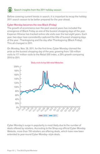 Search insights from the 2011 holiday season

Before covering current trends in search, it is important to recap the holiday
2011 search season to be better prepared for the year ahead.

Cyber Monday becomes the new Black (Friday)
The growth of ecommerce over the past several years has included the
emergence of Black Friday as one of the busiest shopping days of the year.
Experian Hitwise has tracked online site visits over the last eight years. Each
year, two days have consistently captured the title of busiest shopping days
of the year : Thanksgiving and the day after Thanksgiving (Black Friday).
This all changed in 2011.

On Monday, Nov. 28, 2011, for the first time, Cyber Monday claimed the
prize as the busiest shopping day of the year, growing from 138 million
visits to 177 million visits to the Retail 500 index, a 29% growth comparing
2010 to 2011.

                            Daily visits to top 500 retail Websites
       200%
       180%
       160%
       140%
       120%
       100%
         80%
         60%
         40%
         20%
          0%
              /5
             /1



          11 9
          11 3
          11 7
          11 1




          12 5
          12 9
          12 3
          12 7
               1
          11 5
               9
             /3

          12 7
          12 1
             /
            /1
            /1
            /2




            /1
            /2
            /2
            /3
            /2
            /2


             /
            /1
            /1
           11
           11


           11




           12
           12




                                          2010        2011




Cyber Monday’s surge in popularity is most likely due to the number of
deals offered by retailers. According to the Shop.org official Cyber Monday
Website, more than 700 retailers are offering deals, which have now been
extended to year-round Cyber Monday–style deals.




Page 112 | The 2012 Digital Marketer
 