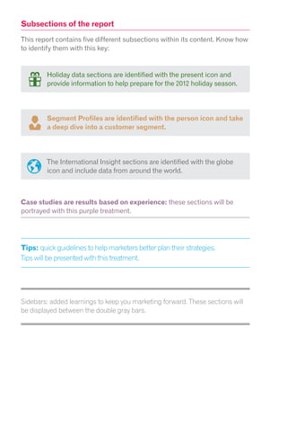 Subsections of the report
This report contains five different subsections within its content. Know how
to identify them with this key:


         Holiday data sections are identified with the present icon and
         provide information to help prepare for the 2012 holiday season.




         Segment Profiles are identified with the person icon and take
         a deep dive into a customer segment.




         The International Insight sections are identified with the globe
         icon and include data from around the world.



Case studies are results based on experience: these sections will be
portrayed with this purple treatment.




Tips: quick guidelines to help marketers better plan their strategies.
Tips will be presented with this treatment.




Sidebars: added learnings to keep you marketing forward. These sections will
be displayed between the double gray bars.
 
