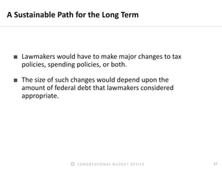 17CONGRESSIONAL BUDGET OFFICE
A Sustainable Path for the Long Term
■ Lawmakers would have to make major changes to tax
policies, spending policies, or both.
■ The size of such changes would depend upon the
amount of federal debt that lawmakers considered
appropriate.
 