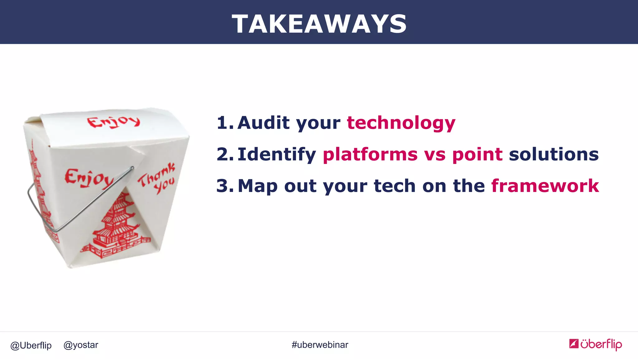 @Uberflip #uberwebinar@yostar
1. Audit your technology
2. Identify platforms vs point solutions
3. Map out your tech on the framework
TAKEAWAYS
 