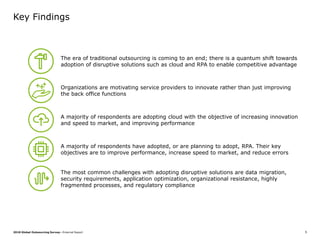 2018 Global Outsourcing Survey—External Report 5
Key Findings
The era of traditional outsourcing is coming to an end; there is a quantum shift towards
adoption of disruptive solutions such as cloud and RPA to enable competitive advantage
Organizations are motivating service providers to innovate rather than just improving
the back office functions
A majority of respondents are adopting cloud with the objective of increasing innovation
and speed to market, and improving performance
A majority of respondents have adopted, or are planning to adopt, RPA. Their key
objectives are to improve performance, increase speed to market, and reduce errors
The most common challenges with adopting disruptive solutions are data migration,
security requirements, application optimization, organizational resistance, highly
fragmented processes, and regulatory compliance
 