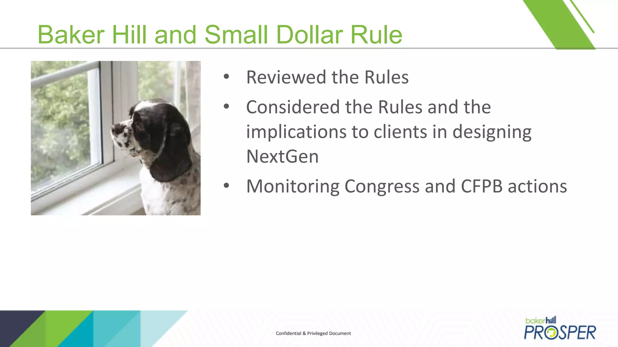 Confidential & Privileged DocumentConfidential & Privileged Document
Baker Hill and Small Dollar Rule
• Reviewed the Rules
• Considered the Rules and the
implications to clients in designing
NextGen
• Monitoring Congress and CFPB actions
 