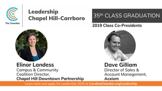 35th CLASS GRADUATION
Elinor Landess
Campus & Community
Coalition Director,
Chapel Hill Downtown Partnership
Dave Gilliam
Director of Sales &
Account Management,
Acxiom
2019 Class Co-Presidents
Learn more and apply for Leadership 2020 at CarolinaChamber.org/Leadership
 