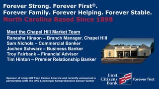 Ranesha Hinson – Branch Manager, Chapel Hill
Sam Nichols – Commercial Banker
Jochen Schwarz – Business Banker
Troy Fairbank – Financial Advisor
Tim Hinton – Premier Relationship Banker
Meet the Chapel Hill Market Team
Sponsor of nonprofit Teen Cancer America and recently announced a
partnership with the UNC Lineberger Comprehensive Cancer Center
Forever Strong. Forever First®.
Forever Family. Forever Helping. Forever Stable.
North Carolina Based Since 1898
 