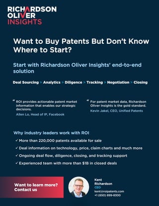 PATENT MARKET DATA
ACTIONABLE ANALYTICS
(C) Richardson Oliver Insights LLC
Want to Buy Patents But Don’t Know
Where to Sta...