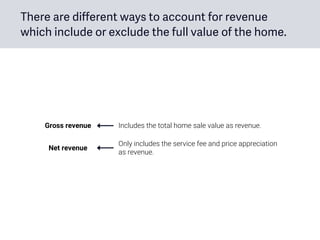 There are different ways to account for revenue
which include or exclude the full value of the home.
Gross revenue Includes the total home sale value as revenue.
Net revenue
Only includes the service fee and price appreciation
as revenue.
 