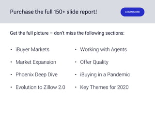 Purchase the full 150+ slide report! LEARN MORE
• iBuyer Markets
• Market Expansion
• Phoenix Deep Dive
• Evolution to Zillow 2.0
• Working with Agents
• Offer Quality
• iBuying in a Pandemic
• Key Themes for 2020
Get the full picture – don’t miss the following sections:
 