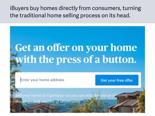 iBuyers buy homes directly from consumers, turning
the traditional home selling process on its head.
 