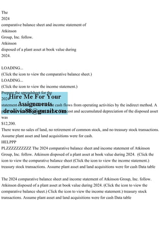 The
2024
comparative balance sheet and income statement of
Atkinson
Group, Inc. follow.
Atkinson
disposed of a plant asset at book value during
2024.
LOADING...
(Click the icon to view the comparative balance sheet.)
LOADING...
(Click the icon to view the income statement.)
Prepare the spreadsheet for the
2024
statement of cash flows. Format cash flows from operating activities by the indirect method. A
plant asset was disposed of for $0. The cost and accumulated depreciation of the disposed asset
was
$12,200.
There were no sales of land, no retirement of common stock, and no treasury stock transactions.
Assume plant asset and land acquisitions were for cash.
HELPPP
PLZZZZZZZZZZ The 2024 comparative balance sheet and income statement of Atkinson
Group, Inc. follow. Atkinson disposed of a plant asset at book value during 2024. (Click the
icon to view the comparative balance sheet (Click the icon to view the income statement.)
treasury stock transactions. Assume plant asset and land acquisitions were for cash Data table
The 2024 comparative balance sheet and income statement of Atkinson Group, Inc. follow.
Atkinson disposed of a plant asset at book value during 2024. (Click the icon to view the
comparative balance sheet.) Click the icon to view the income statement.) treasury stock
transactions. Assume plant asset and land acquisitions were for cash Data table
 