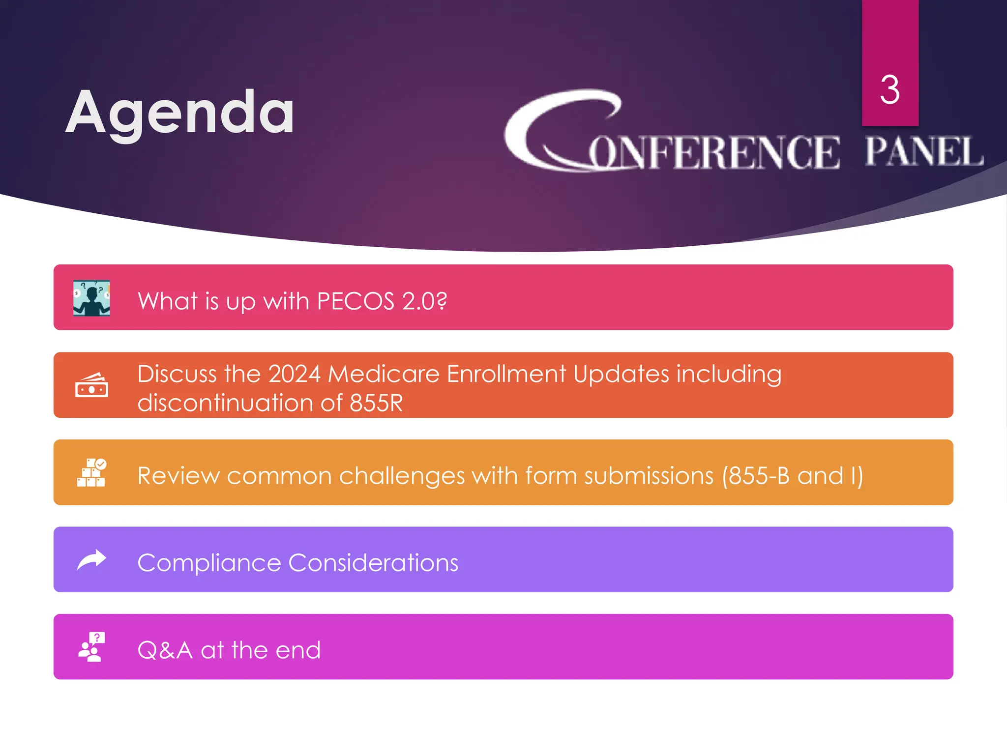 Agenda
What is up with PECOS 2.0?
Discuss the 2024 Medicare Enrollment Updates including
discontinuation of 855R
Review common challenges with form submissions (855-B and I)
Compliance Considerations
Q&A at the end
3
 