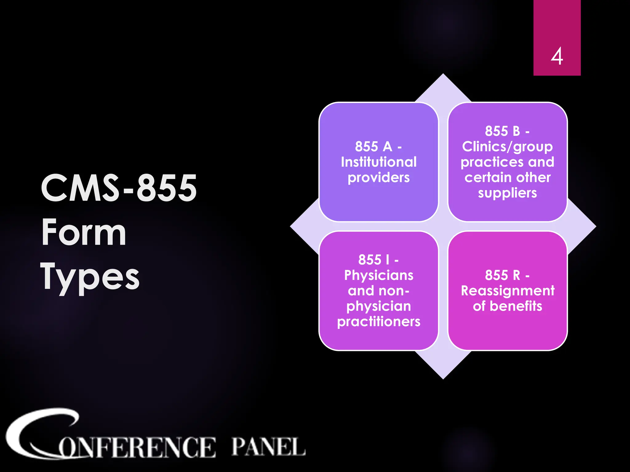 CMS-855
Form
Types
855 A -
Institutional
providers
855 B -
Clinics/group
practices and
certain other
suppliers
855 I -
Physicians
and non-
physician
practitioners
855 R -
Reassignment
of benefits
4
 
