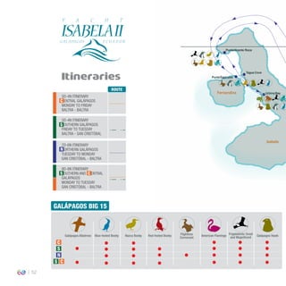52
Itineraries
5D-4N ITINERARY
CENTRAL GALÁPAGOS
MONDAY TO FRIDAY
BALTRA - BALTRA
5D-4N ITINERARY
SOUTHERN GALÁPAGOS
FRIDAY TO TUESDAY
BALTRA - SAN CRISTÓBAL
7D-6N ITINERARY
NORTHERN GALÁPAGOS
TUESDAY TO MONDAY
SAN CRISTÓBAL - BALTRA
9D-8N ITINERARY
SOUTHERN AND CENTRAL
GALÁPAGOS
MONDAY TO TUESDAY
SAN CRISTÓBAL - BALTRA
ROUTE
C
S
CS
N
PuntaVicente Roca
Tagus Cove
PuntaEspinoza
UrbinaBay
Isabela
Fernandina
GALÁPAGOS BIG 15
Red-footed BoobyBlue-footed Booby Nazca Booby
Frigatebirds: Great
and MagniﬁcentGalápagos Albatross Galápagos HawkFlightless
Cormorant
American Flamingo
C
S
CS
N
 