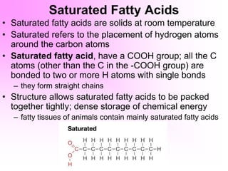 Saturated Fatty Acids
• Saturated fatty acids are solids at room temperature
• Saturated refers to the placement of hydrogen atoms
around the carbon atoms
• Saturated fatty acid, have a COOH group; all the C
atoms (other than the C in the -COOH group) are
bonded to two or more H atoms with single bonds
– they form straight chains
• Structure allows saturated fatty acids to be packed
together tightly; dense storage of chemical energy
– fatty tissues of animals contain mainly saturated fatty acids
 