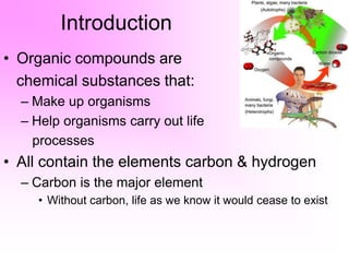 Introduction
• Organic compounds are
chemical substances that:
– Make up organisms
– Help organisms carry out life
processes
• All contain the elements carbon & hydrogen
– Carbon is the major element
• Without carbon, life as we know it would cease to exist
 