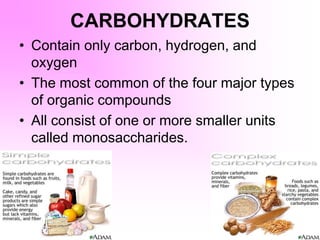 CARBOHYDRATES
• Contain only carbon, hydrogen, and
oxygen
• The most common of the four major types
of organic compounds
•...
