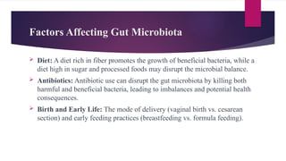 Factors Affecting Gut Microbiota
 Diet: A diet rich in fiber promotes the growth of beneficial bacteria, while a
diet high in sugar and processed foods may disrupt the microbial balance.
 Antibiotics: Antibiotic use can disrupt the gut microbiota by killing both
harmful and beneficial bacteria, leading to imbalances and potential health
consequences.
 Birth and Early Life: The mode of delivery (vaginal birth vs. cesarean
section) and early feeding practices (breastfeeding vs. formula feeding).
 