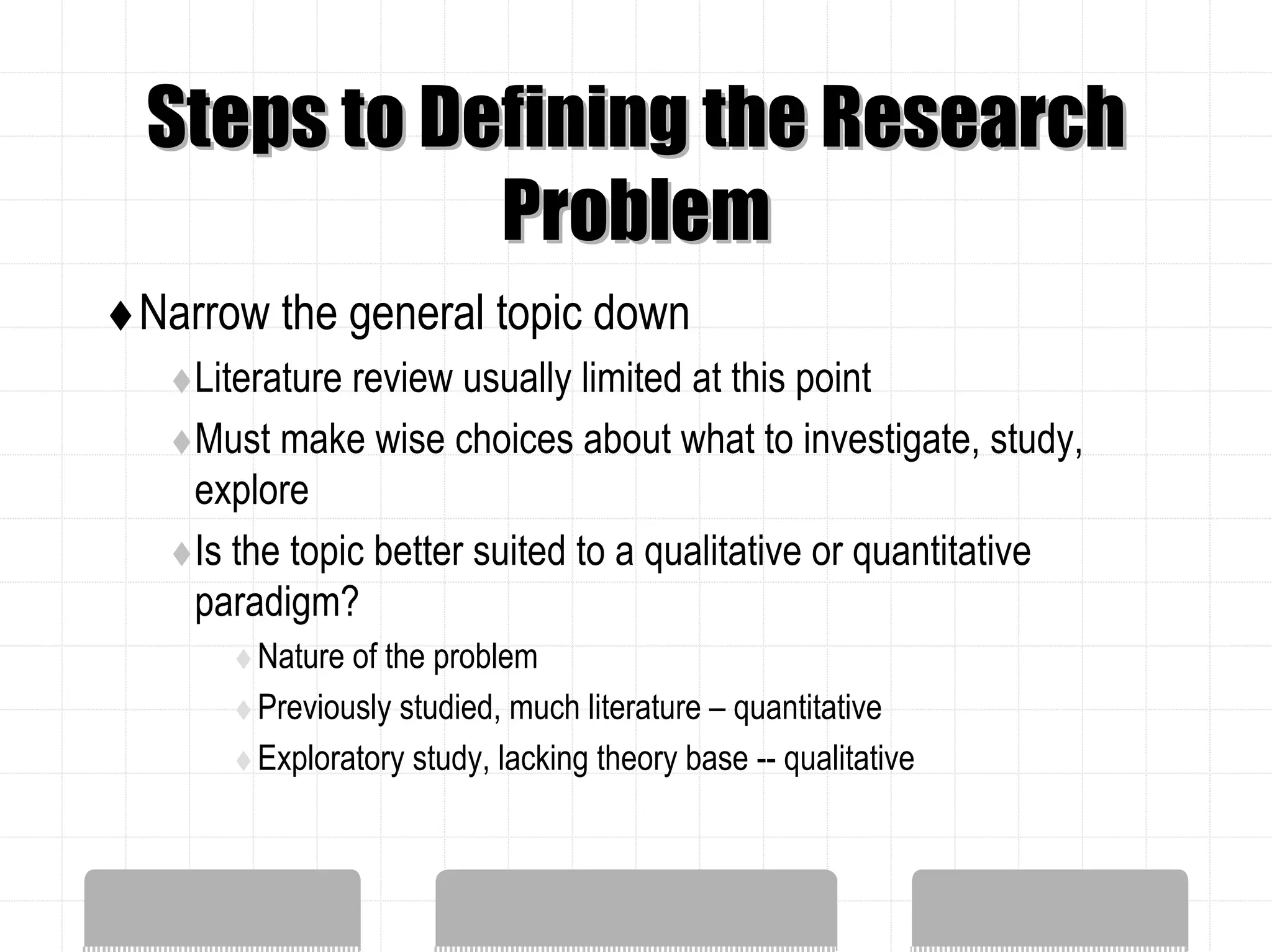Steps to Defining the Research
           Problem
Narrow the general topic down
  Literature review usually limited at this point
  Must make wise choices about what to investigate, study,
  explore
  Is the topic better suited to a qualitative or quantitative
  paradigm?
      Nature of the problem
      Previously studied, much literature – quantitative
      Exploratory study, lacking theory base -- qualitative
 
