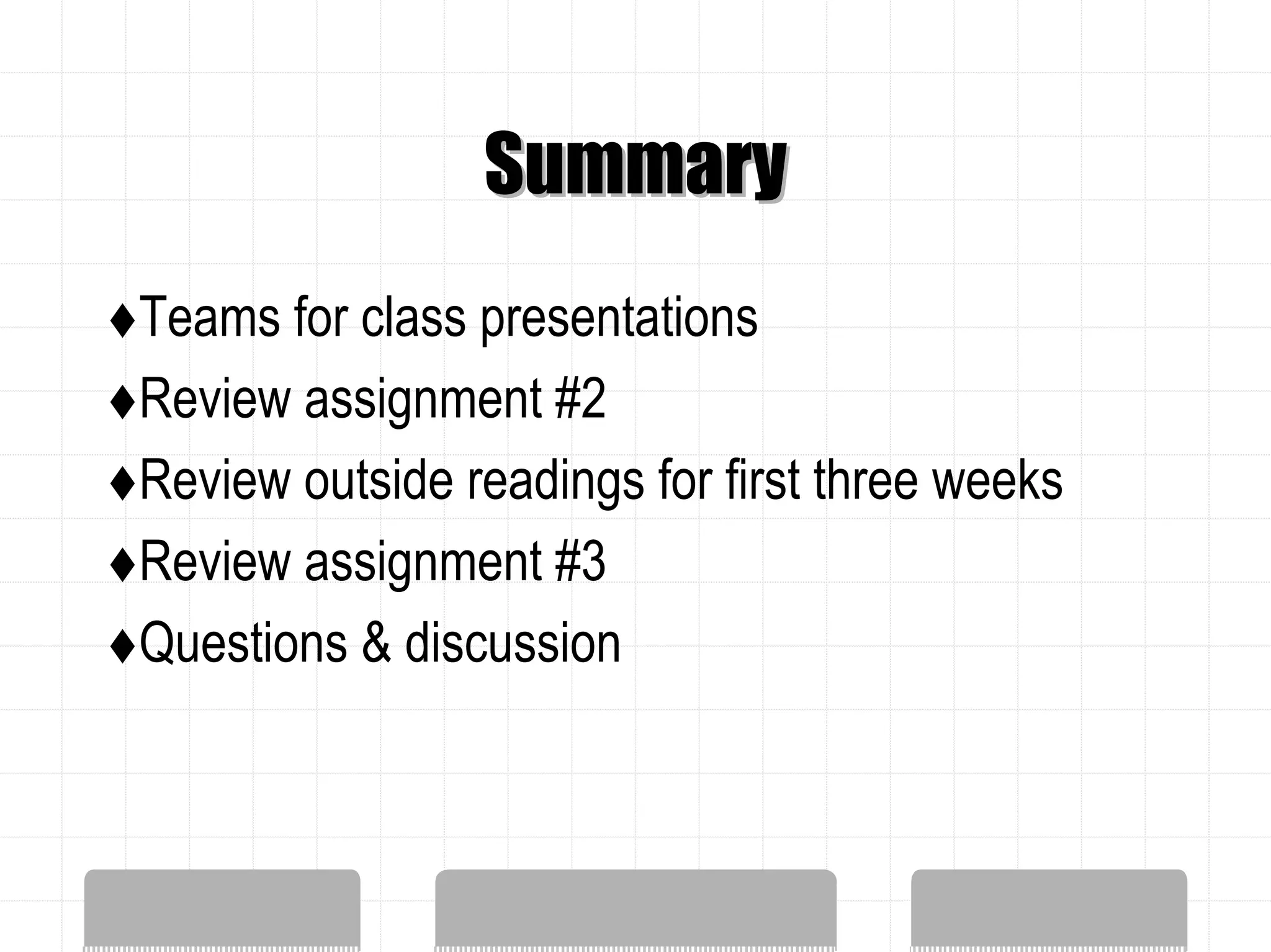 Summary
Teams for class presentations
Review assignment #2
Review outside readings for first three weeks
Review assignment #3
Questions & discussion
 