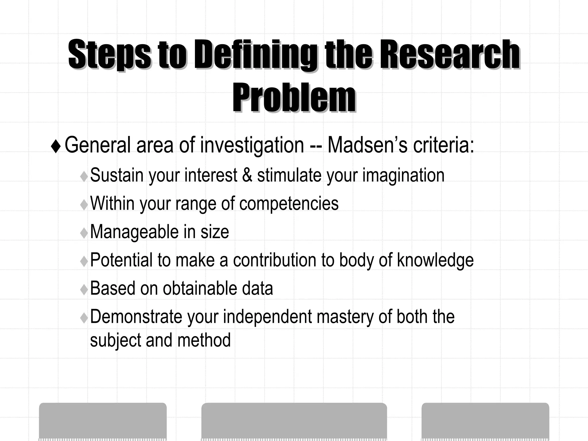 Steps to Defining the Research
           Problem
General area of investigation -- Madsen’s criteria:
   Sustain your interest & stimulate your imagination
   Within your range of competencies
   Manageable in size
   Potential to make a contribution to body of knowledge
   Based on obtainable data
   Demonstrate your independent mastery of both the
   subject and method
 
