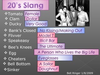 Eyeglasses
No Kissing/Making Out Bank’s Closed
Sinker
 Speakeasy
Doughnut
 Bee’s Knees The Ultimate
 Egg
 Cheaters
 Clam
 Ducky
 Bell Bottom
 Flivver Model T
Dollar
Very Good
Illicit Bar
A Person Who Lives the Big Life
A Sailor
Tomato Female
Bell Ringer 1/8/2009
 