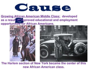 Cause
s
Growing African American Middle Class: developed
as a result of improved educational and employment
opportunities for African Americans.
The Harlem section of New York became the center of this
new African American class.
 