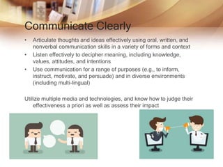 Communicate Clearly
• Articulate thoughts and ideas effectively using oral, written, and
nonverbal communication skills in a variety of forms and context
• Listen effectively to decipher meaning, including knowledge,
values, attitudes, and intentions
• Use communication for a range of purposes (e.g., to inform,
instruct, motivate, and persuade) and in diverse environments
(including multi-lingual)
Utilize multiple media and technologies, and know how to judge their
effectiveness a priori as well as assess their impact
 